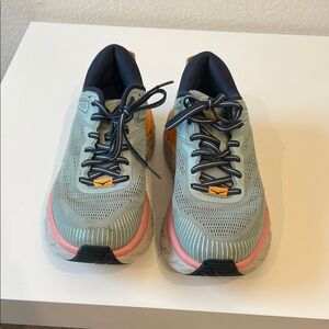 Hoka Athletic Shoes in Gray, Pink, and Orange